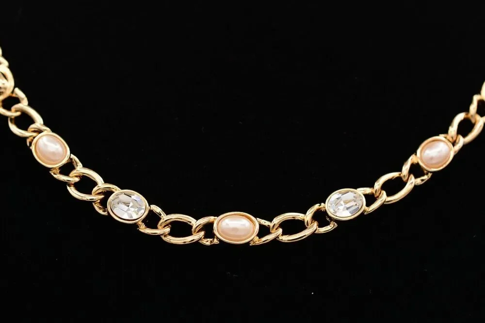 Vintage Collar Necklace Gold Rhinestone Crystal Faux Pearl Chain Heavy Y2K 9J